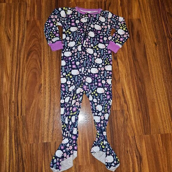 5 for $25 Carter's Purple Floral and Sheep Zip Up Footie Pajamas Baby Size 18 Mo - Picture 1 of 5